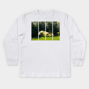 Wasp on a white Caraway or meridian fennel flower. Macro photo. Texture of white petals. Wasp close-up. Drawing on the body of a wasp. The wasp pollinates the flower. Natur green background. Bokeh Kids Long Sleeve T-Shirt